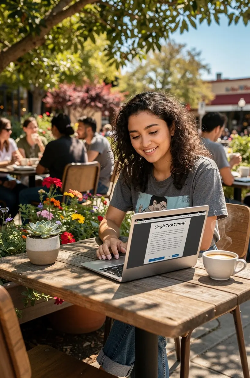 Person using a laptop with easy-to-understand software tutorials displayed on the screen in a cozy home office.